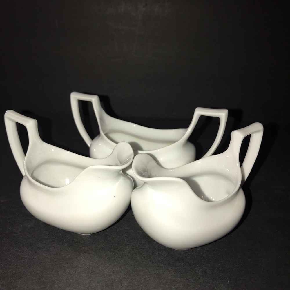 Vintage MCM (2)Creamers & (1)Open Sugar Set White 1970s Art Deco Made In Japan